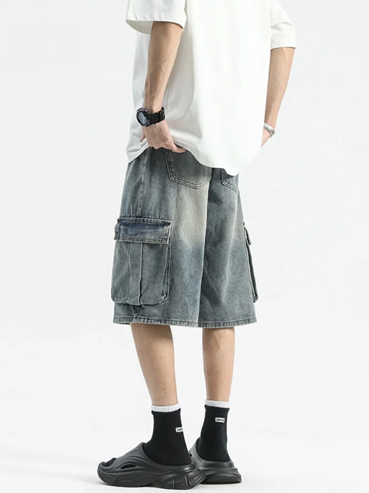 

Men's Summer Loose Straight Leg Jeans orts Five-ket Workwear Denim Mid-Waist Youth Faion Wear Resistant Trousers