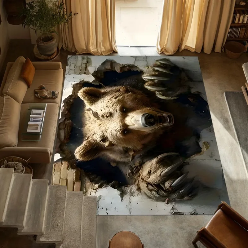 سجادة منطقة بنمط الدب البني ثلاثية الأبعاد بتصميم حيوان واقعي، مثالية لديكور غرفة المعيشة وغرفة النوم