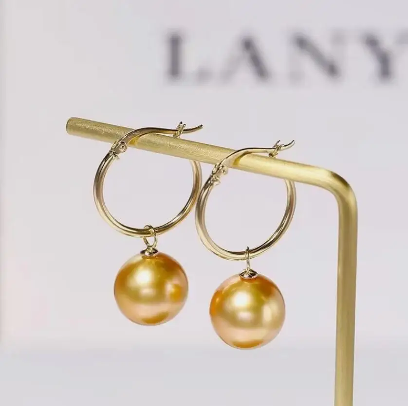 elegant pair of 10-11mm south sea round gold pearl dangle earring 925s