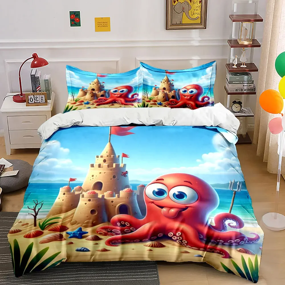 

"Beach Sandcastle Octopus Playset" Multiple sizes kid's and adults' bedroom Exquisite 3PC bedding set, gift