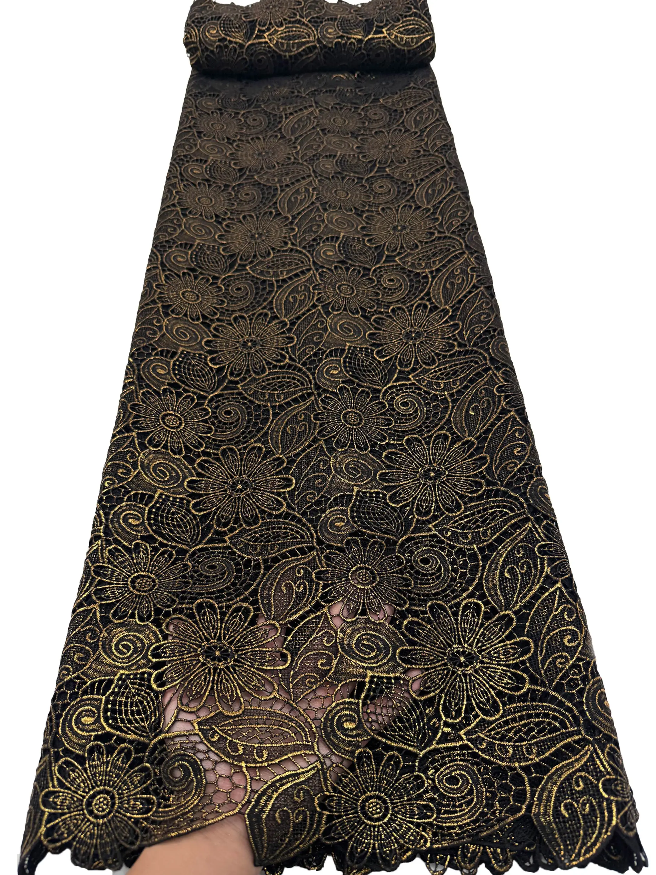 

Nigerian Guipure Cord Lace Fabric Water Soluble gold stamping Lace 5 Yards African Traditional Garment For Women Wedding sewing