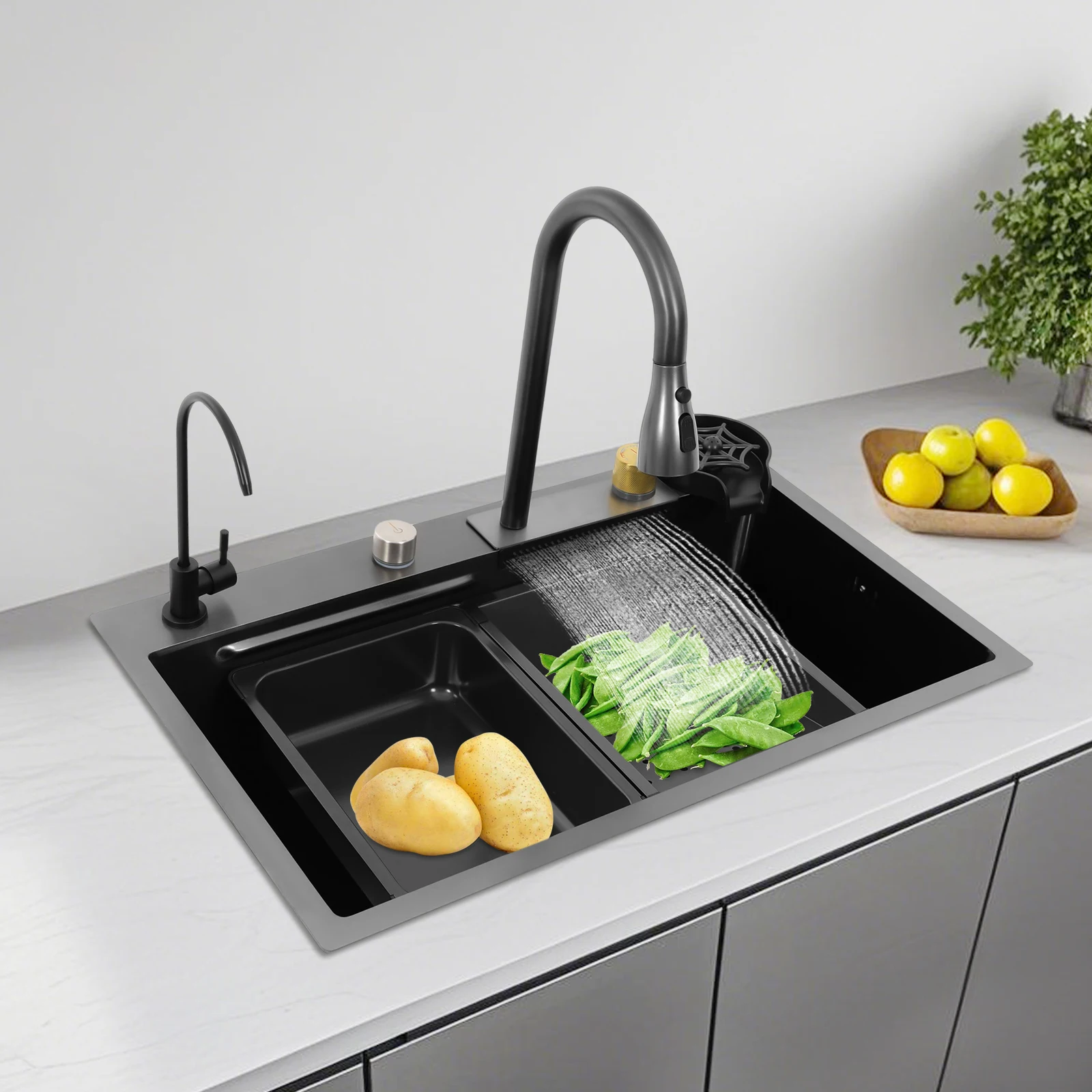 Küchenspüle aus Edelstahl, pistergrau, rechteckiges Haushaltsspülbecken-Set mit Drainagekorb, 2-Wasserhähne, Schneidebrett, Tassenwascher – Detail 6