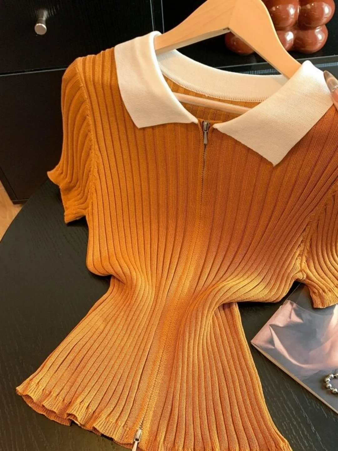 

Korean Style Color Block Collar Zipper Short Sleeve Knitted Open Cardigan Women's Slim Fit Summer New Arrival Top