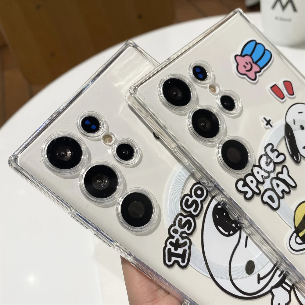 Cute Astronaut Snoopy Magnetic Magsafe Wireless Charge Transparent Phone Case For Samsung Galaxy S26 25 24 23 Ultra Puls Cover view 5
