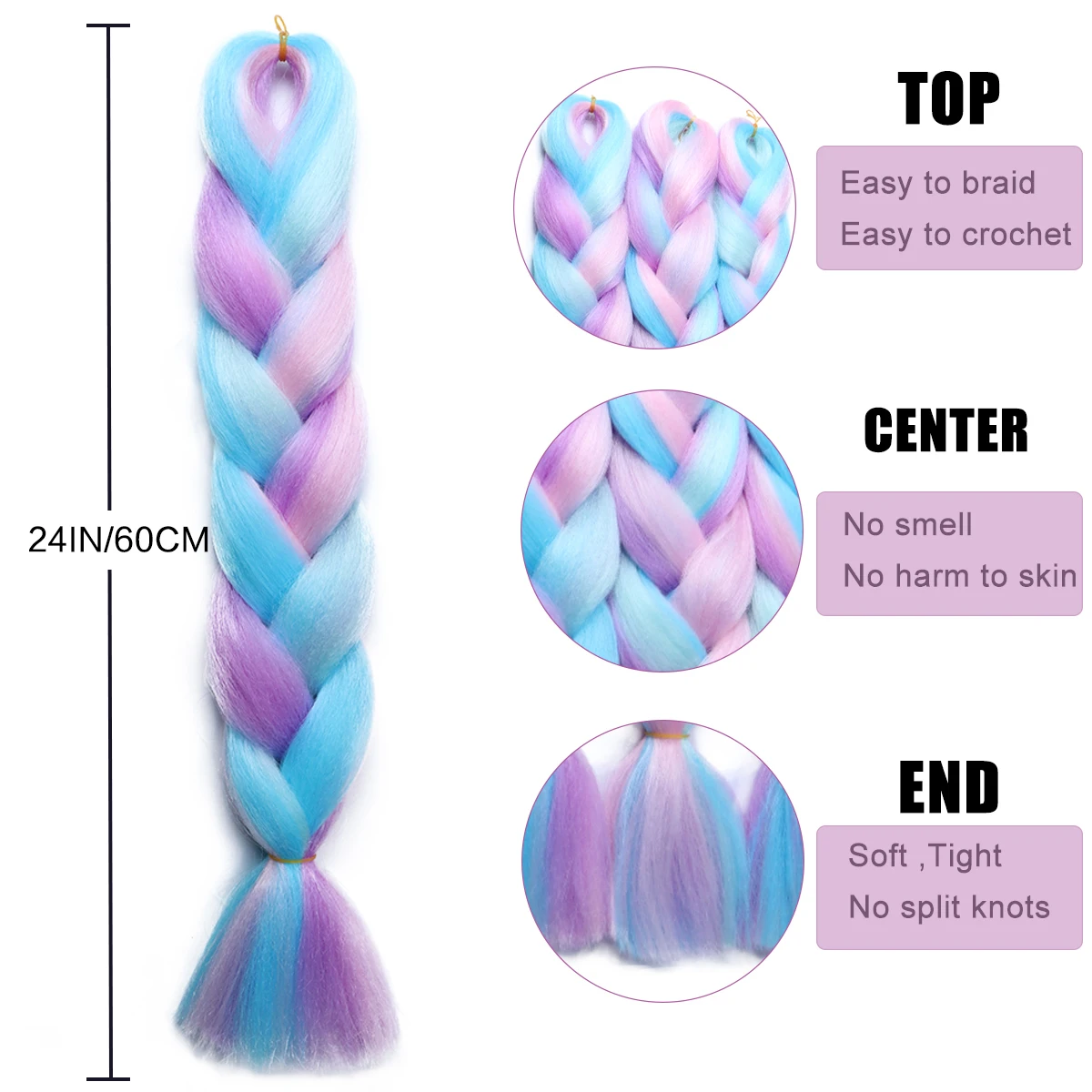 Extensions de tresse au crochet ultraviolette synthétique, patchwork de couleurs, 4 couleurs, 24 pouces