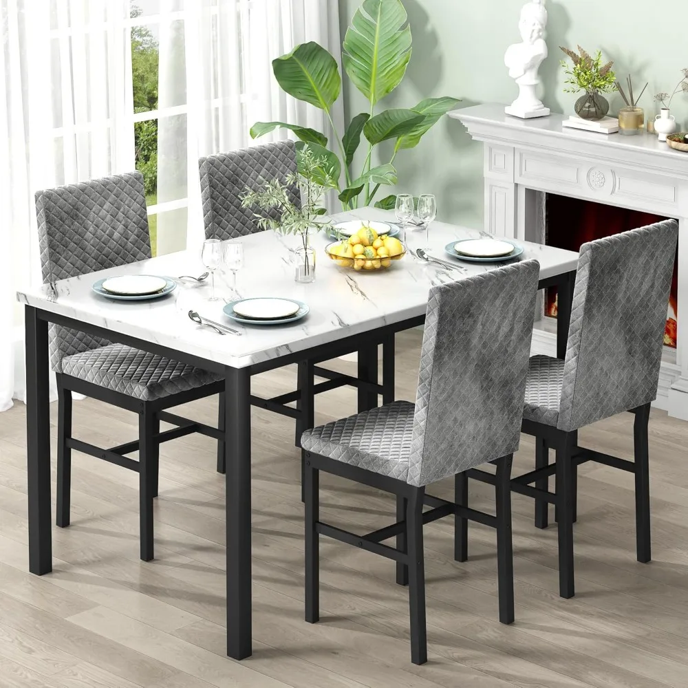 

Dining Table Set for 4, Kitchen Table and Chairs Set of 4, Faux Marble Dinner Table Set with 4 Upholstered Chairs, Dining Room