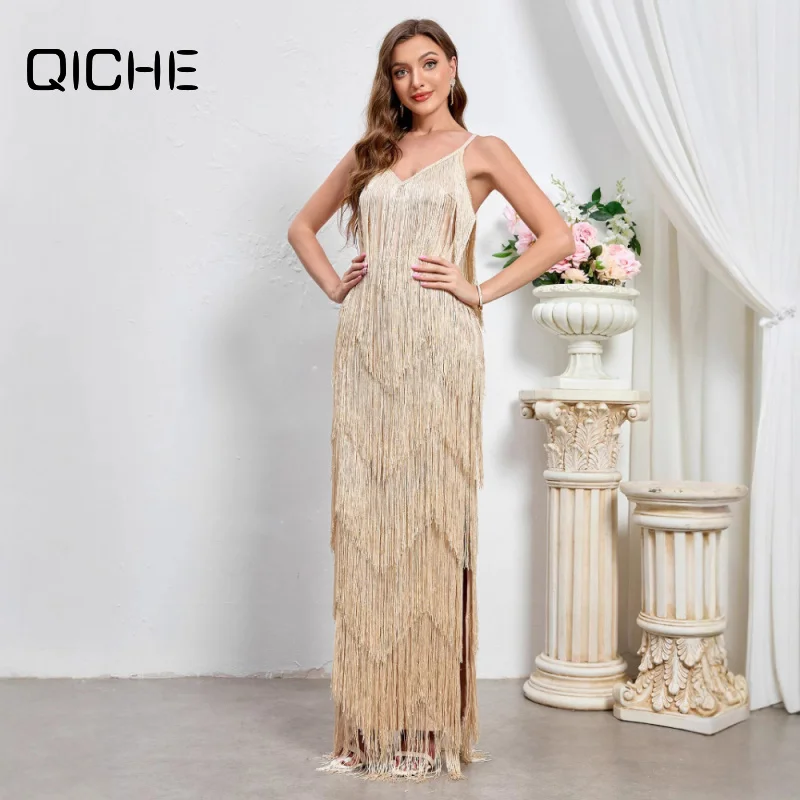 QICHE Women Sexy Sleeveless Tassel Evening Dress New Spaghetti Strap Maxi Dress European Fashion Banquet Party Gown