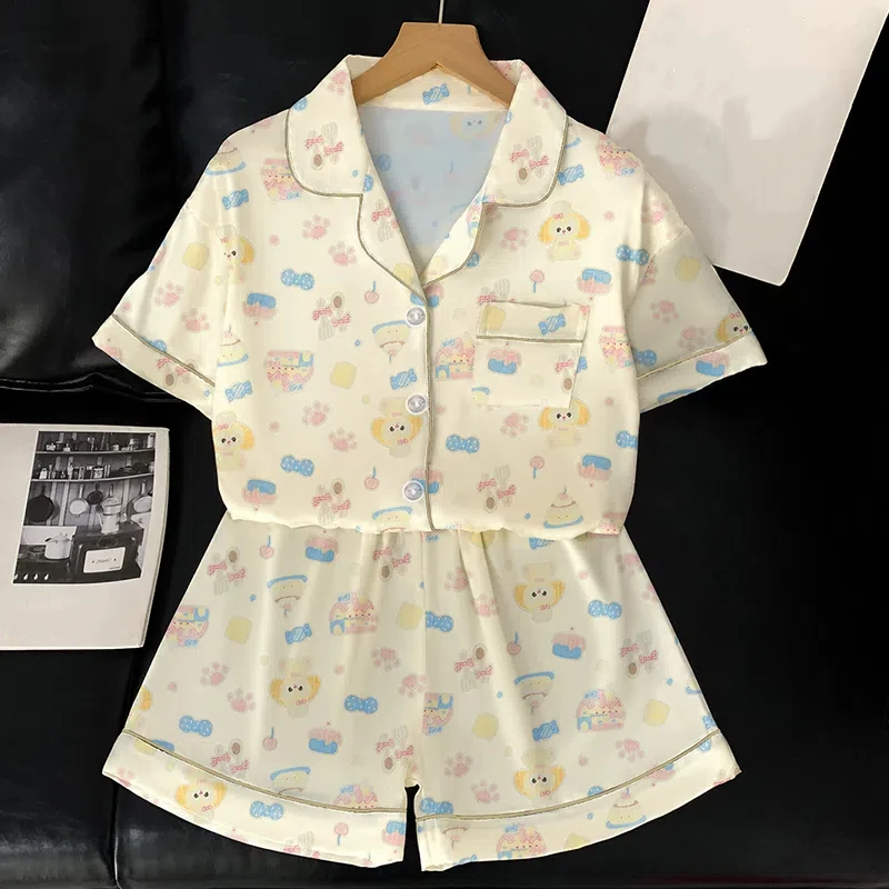 بيجامة نسائية طقم بيجامة كاجوال مطبوع لطيف وأكمام قصيرة وأزرار وطية صدر السترة بلوزات وسراويل مريحة ملابس نوم صيفية مريحة