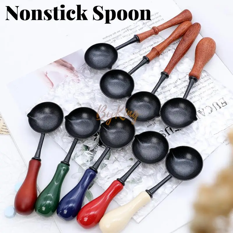 Non-stick Frying Pan Sealing Wax Spoon Anti-Hot Wood Handle Retro Wax Stamping Melting Firing Envelopes Card Metal Tool