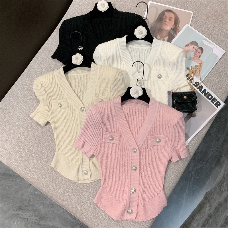 Summer New Vintage Sweet Cute V-Neck Temperament  Shoulder Pads Stretch Short Cection Knitted Cardigan Top