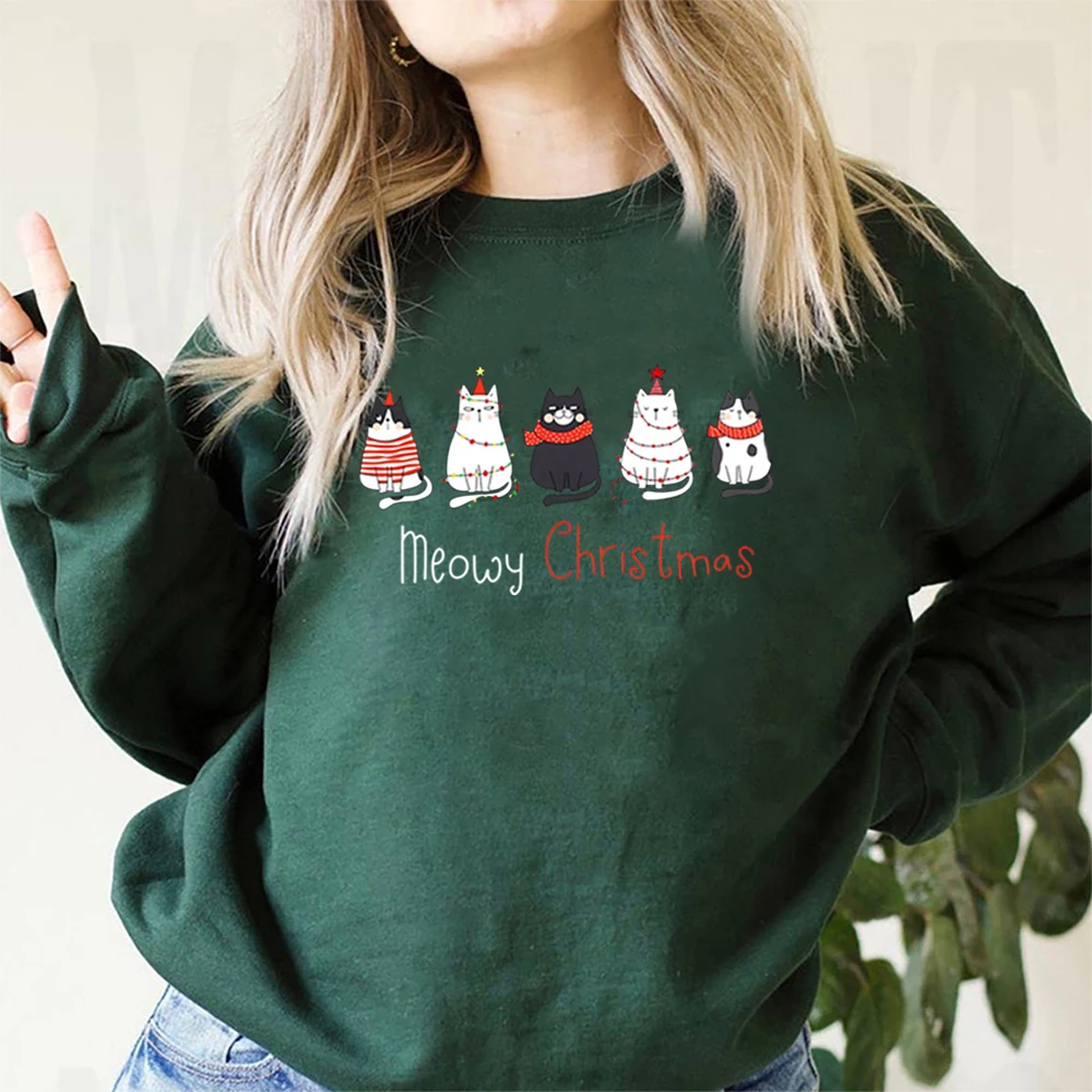 Meowy Christmas Sweatshirt Christmas Cat Merry Christmas Hoodie Cat Lover Sweater Cute Cat Cewneck Sweatshirts Gift for Cat Mom