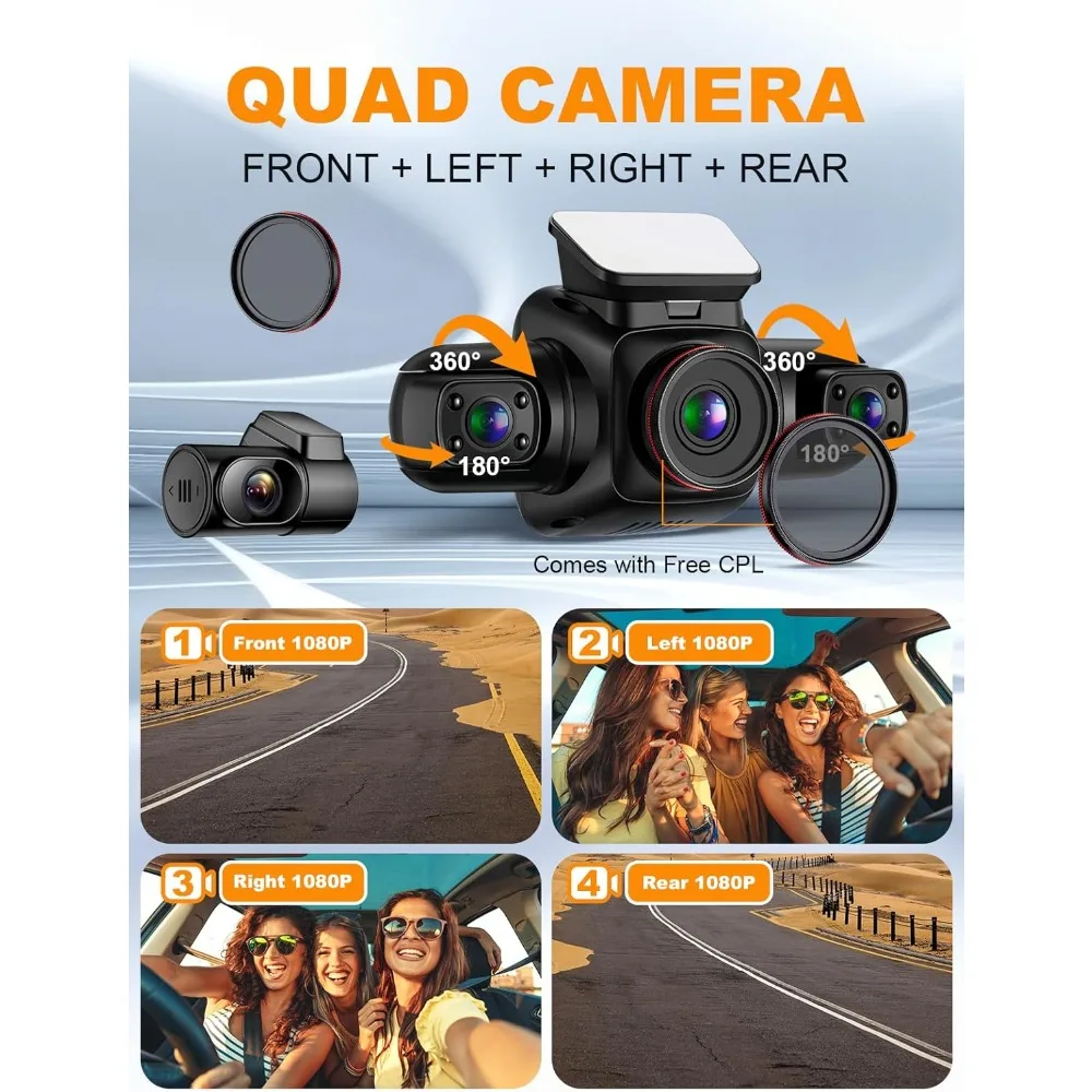 PRUVEEO عرض 360 درجة 4 قنوات كاميرا داش أمامية وخلفية داخل يسار يمين، كاميرا داش للسيارات مع CPL، نظام تحديد المواقع المدمج WiFi Ni