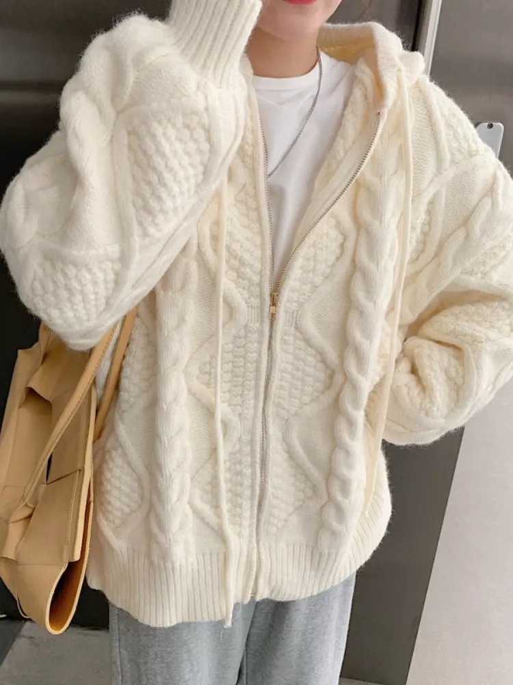 Zipper Cardigan Hooded Twist Sweater Jacket Women Korean Spring and Autumn Loose Thick Long Sleeve Knit Top Trend  y2k E-girl