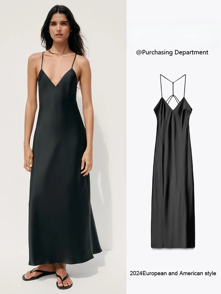 Sexy Backless Silk Satin Midi Dress ZA2025 Summer New Women's Fashionable Strapless Gown for Party No Sleeve Elegant