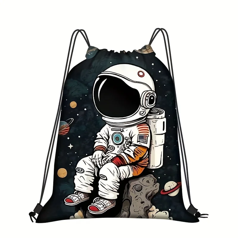 1-Piece Astronaut Print Lightweight Drawstring Backpack, Durable, Universal Storage Bag for Home & Outdoor Use