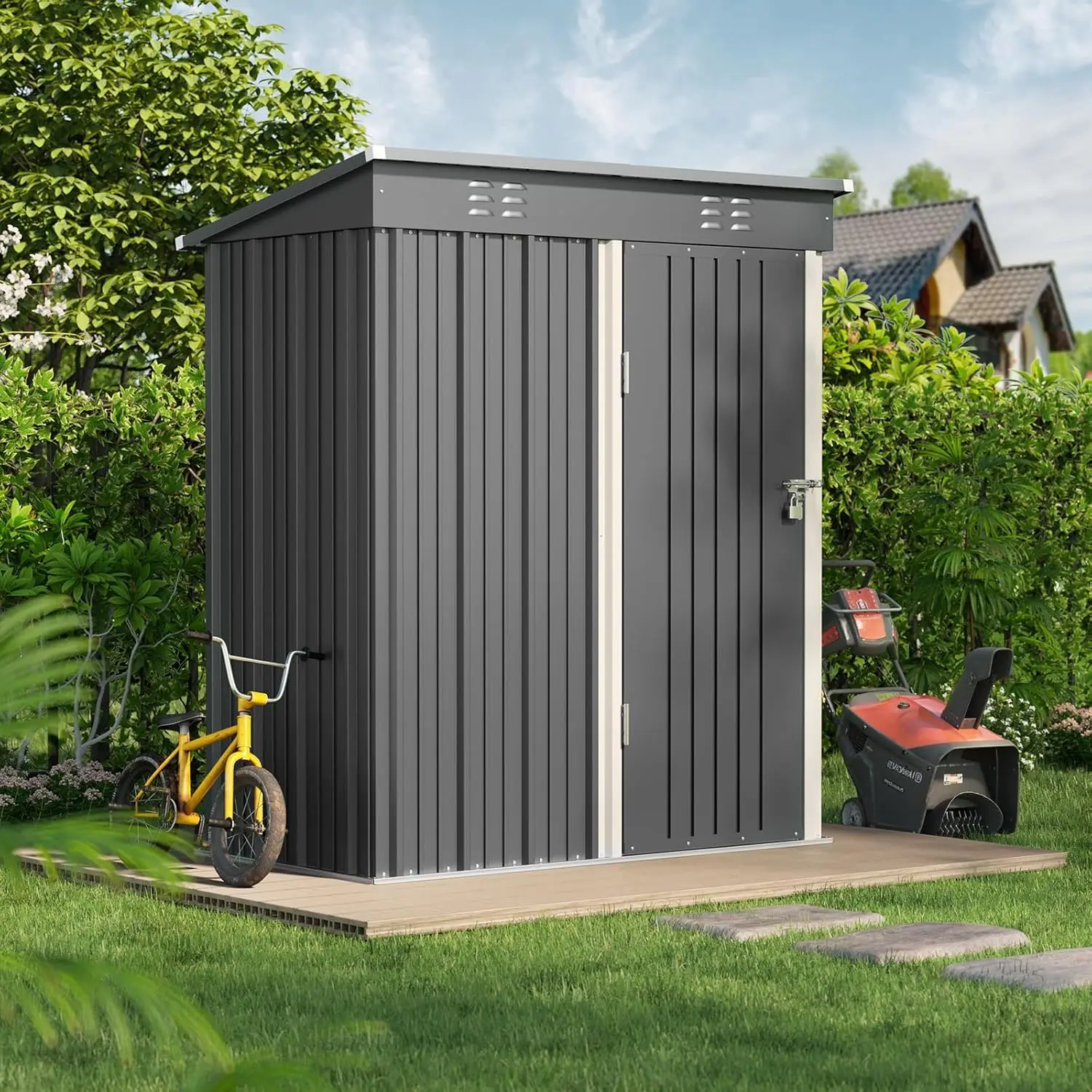 2025 ใหม่ 5 'x 3' กลางแจ้ง Storage Shed Clearance,โลหะกลางแจ้งตู้เดี่ยวล็อคประตู, กันน้ําเครื่องมือ Shed