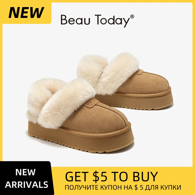 

BEAUTODAY Winter Slippers Women Cow Suede Slingback Untral Mini Platform Plush Back Strap Wool Snow Shoes Ladies Handmade 37068