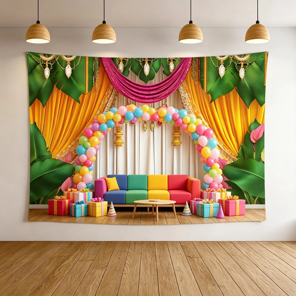 1PC Happy Birthday Balloons Colorful Print Backdrop Banner, Birthday Style, Bedroom Photo Background, Polyester, Home Decor
