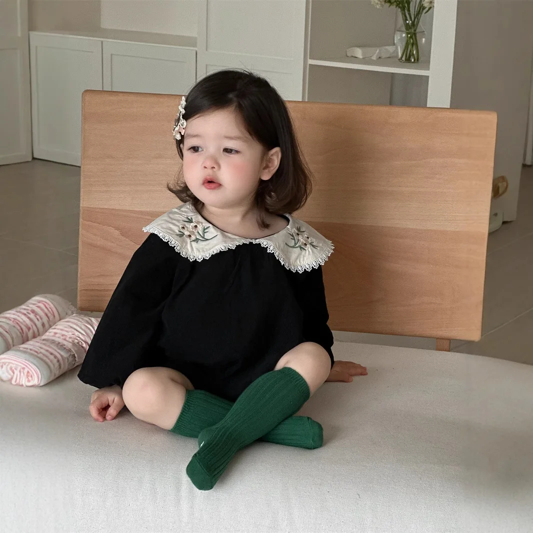 2025 Spring New Baby Girl Flower Embroidery Collar Bodysuit Long Sleeve Newborn Cotton Jumpsuit Toddler Princess Clothes 0-24M