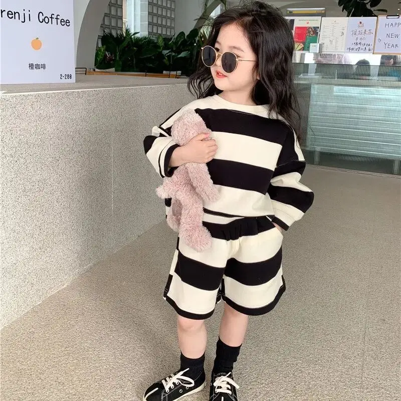 Children\'s Sweater Set Spring New Boys and Girls Shorts Top 2PCS Suit Autumn Baby Striped Long-sleeved T-shirt Set