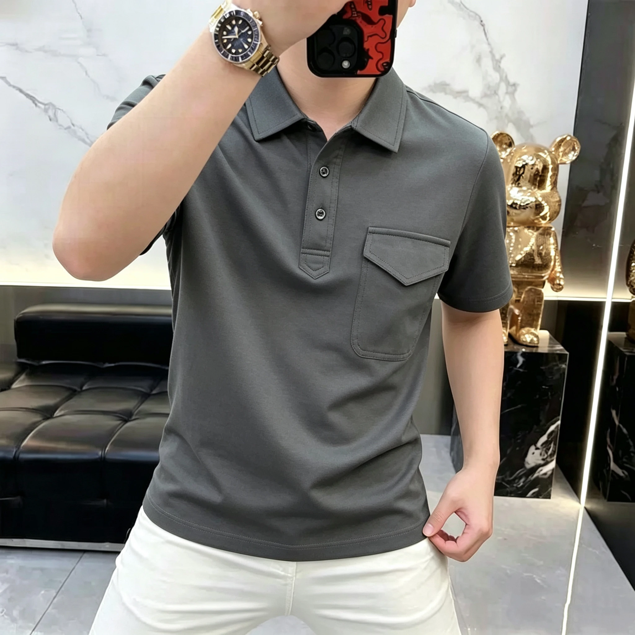 Summer New Style Men's Washed Cotton Moisture-Wicking Breathable Short Sleeve with Pockets