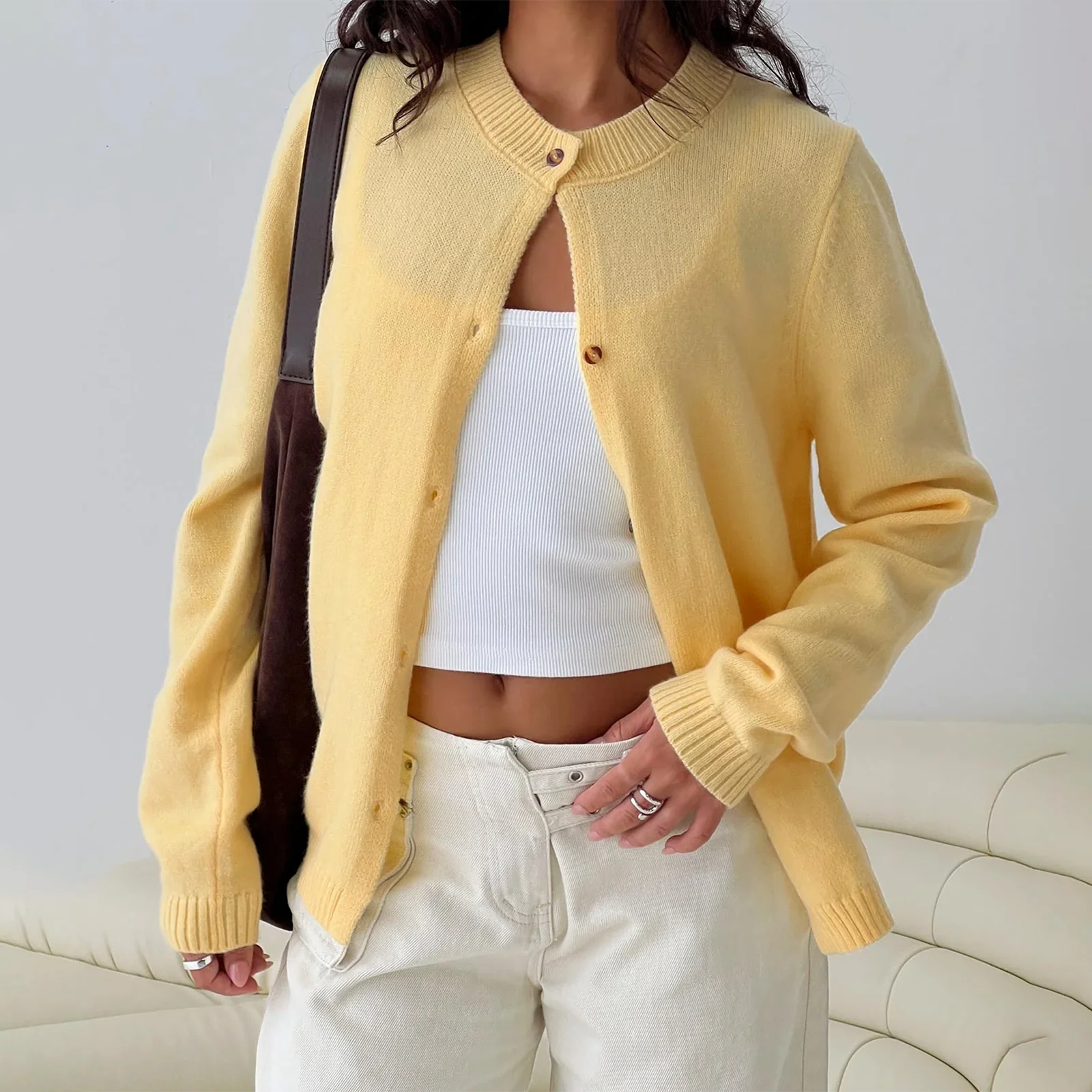 

hirigin Women Basic Knitted Cardigan Solid Color Crew Neck Long Sleeve Button-up Sweater Casual Winter Fall Clothes