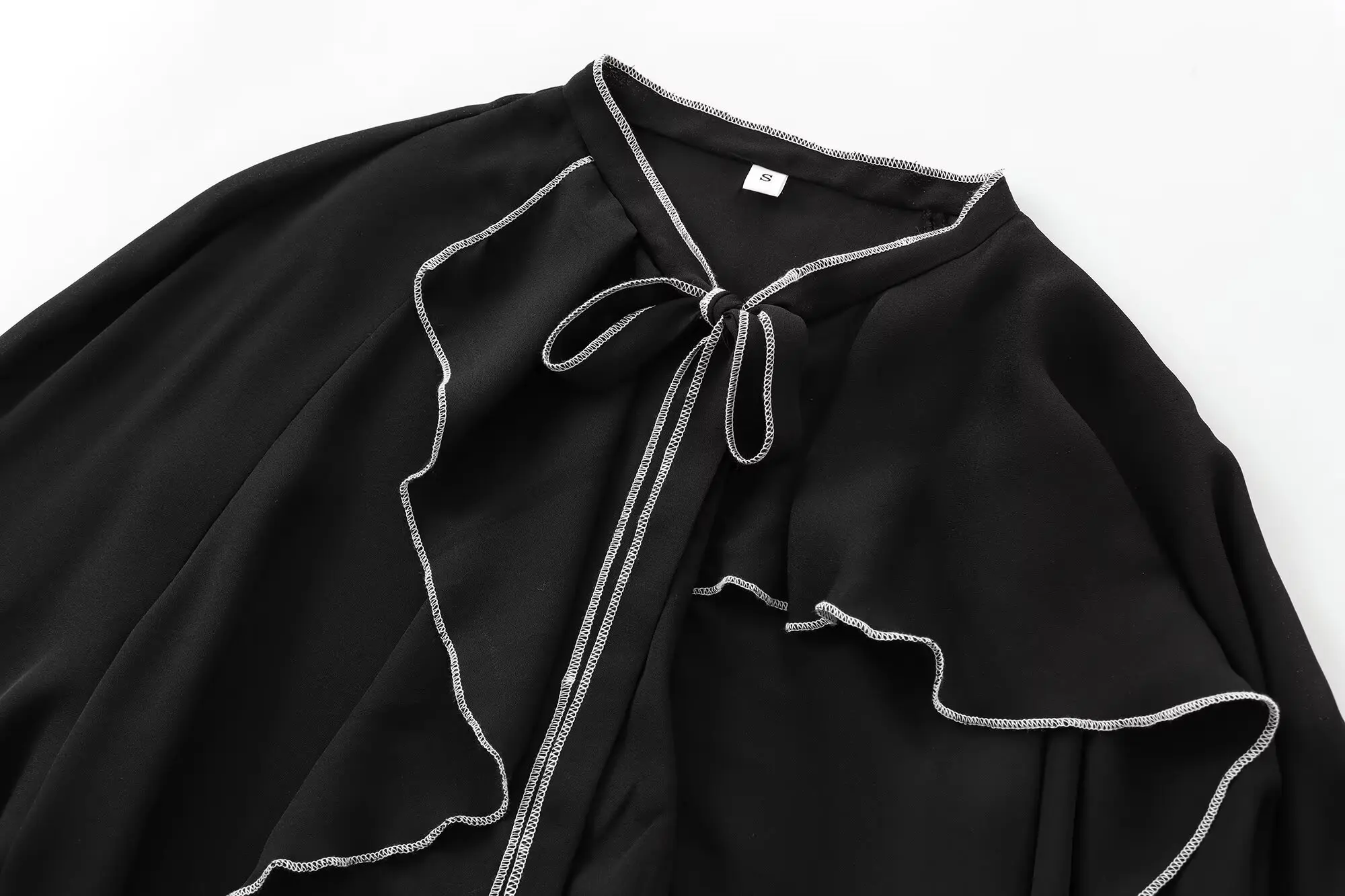 Jenny&Dave Minimalist White Border Black Shirt Color Blocking Cascading Ruffles Casual shirt Blouse Women Pullover Tops