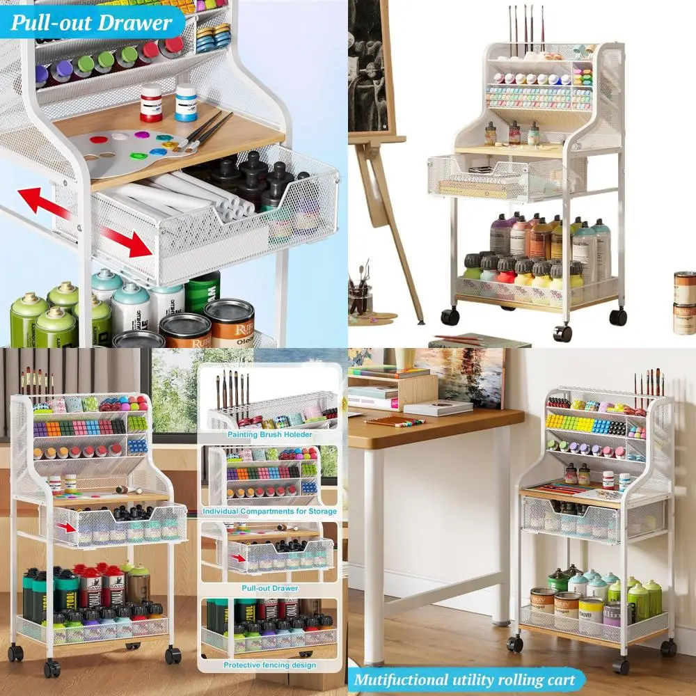 

Многоярусная белая тележка для художественных принадлежностей с запираемыми колесами и ящиком для организации кистей, красок и артефактов.
