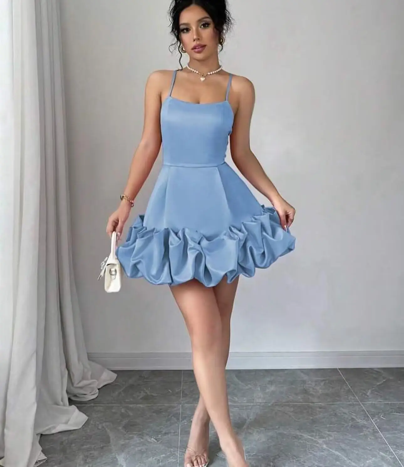 

Short Satin Homecoming Dresses A line Bubble Square Neck Formal Cocktail Party Gown