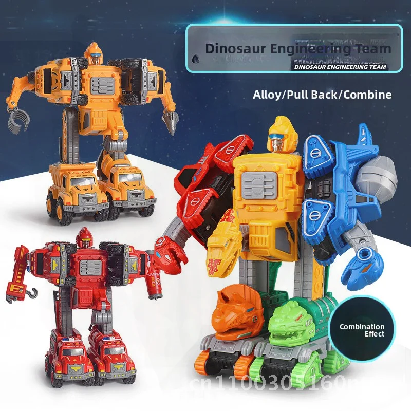 Dinosaur Themed 5-in-1 Children's Fire Engineering Vehicle Excavator Alloy Pull Back Toy for Boys Educational & Playtime Fun
