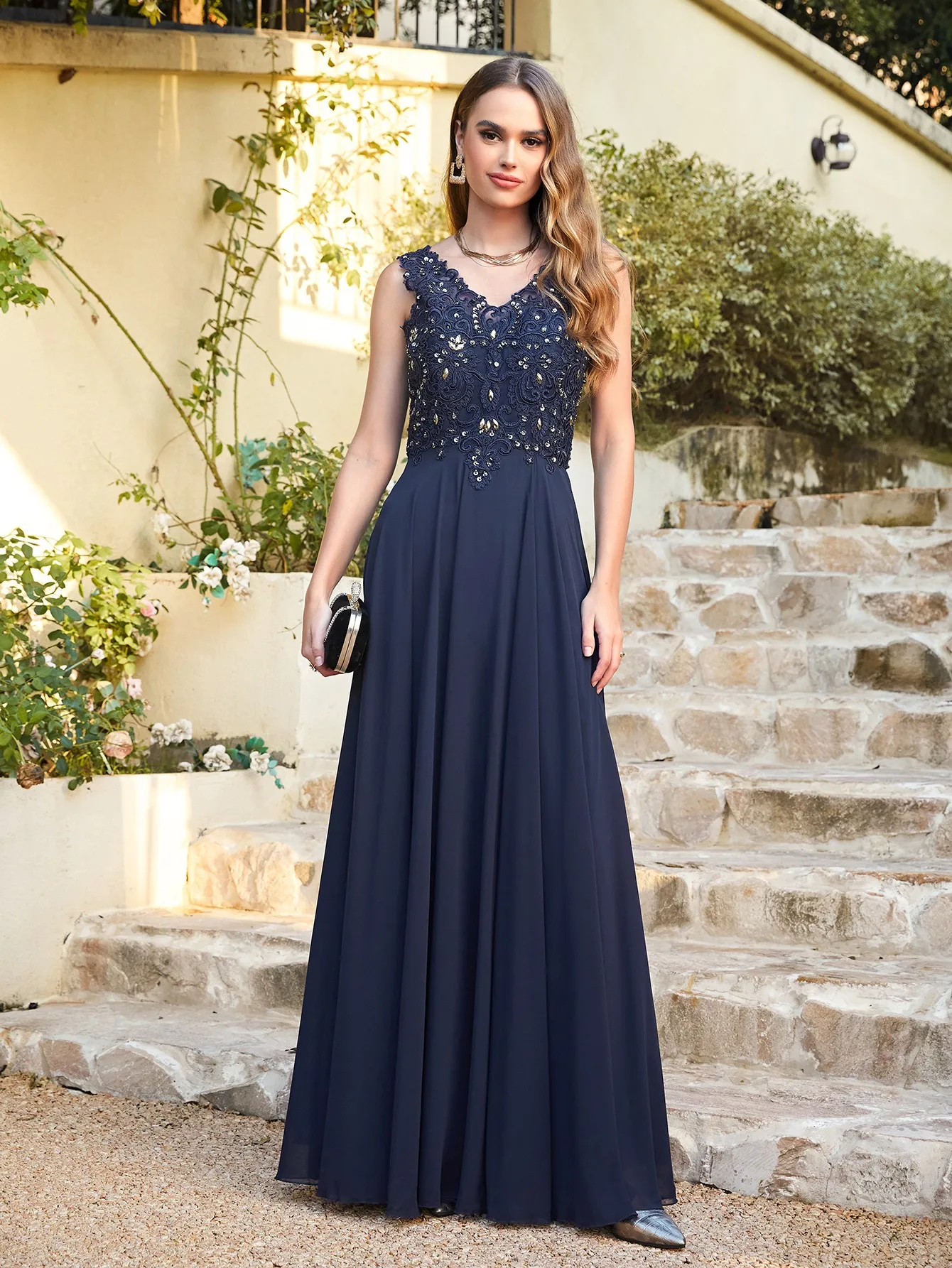 Navy Blue Chiffon Lace Beaded Evening Dresses V Neck Crystal Sleeveless Elegant Formal Party Prom Gowns Vestido De Fiesta Bride