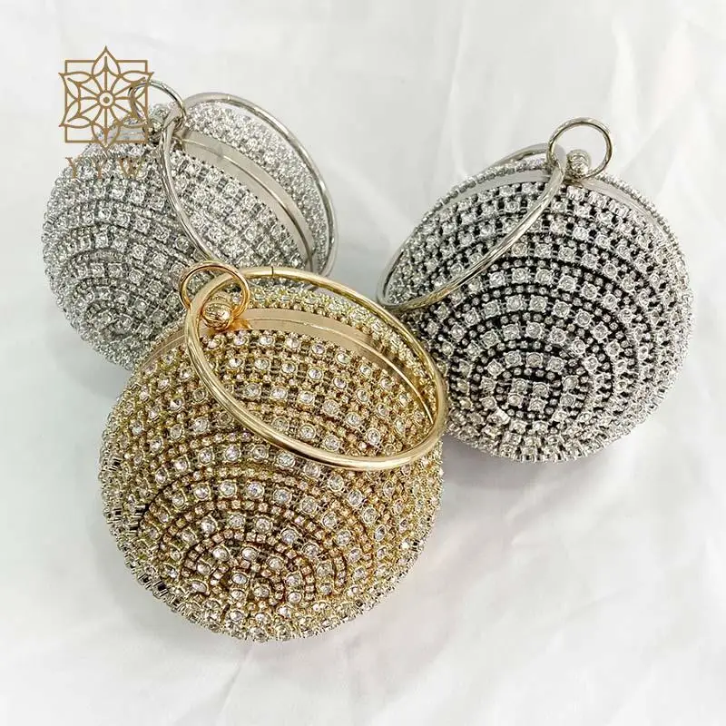 Luxury Glitter Crystal Diamonds Round Ball Evening Bag Elegant Circular Ring Top Handle Wedding Wallets Women Rhinestone Handbag