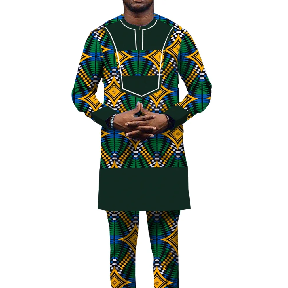 Hip Hop Robe African Men\'s Shirts and Pants Bazin Riche 2 Piece of Sets Africa Clothing Dashiki Outfits Floral Costume WYN1448