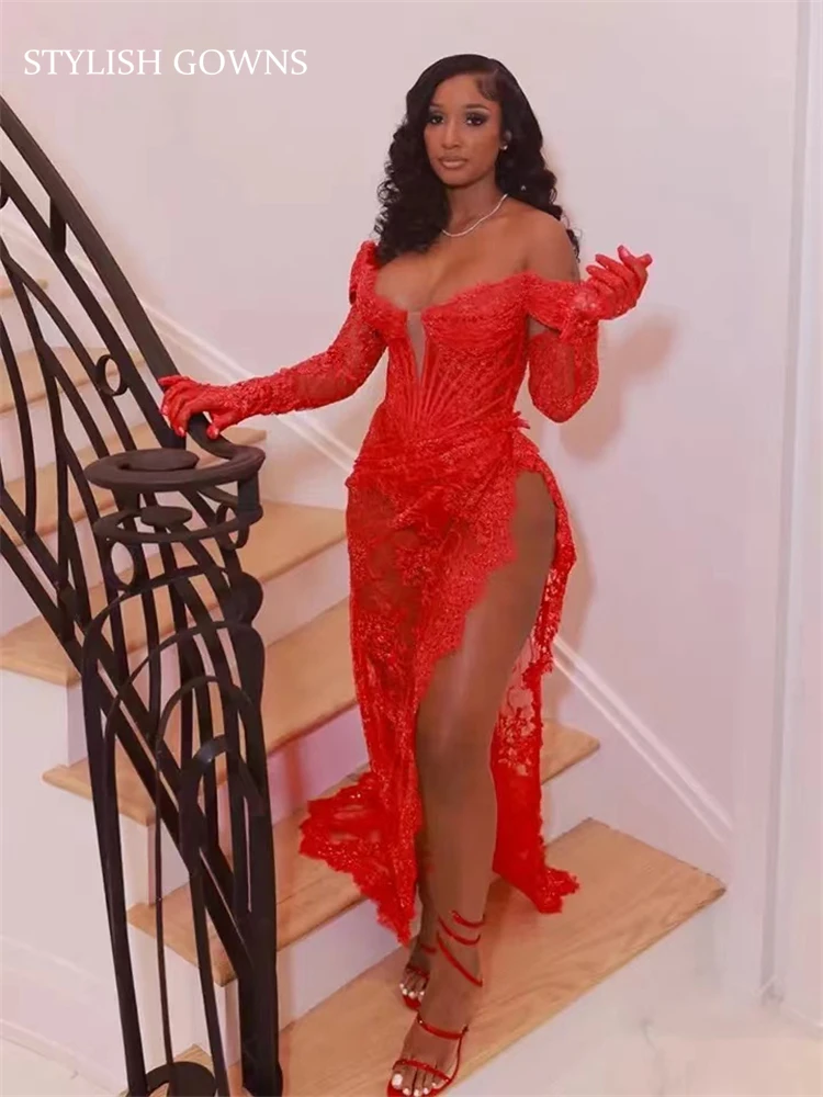 Red Off The Shoulder Long Prom Dress For Black Girls Lace Appliques 2024 Birthday Luxury Dress Split Graduation Gown With Gloves