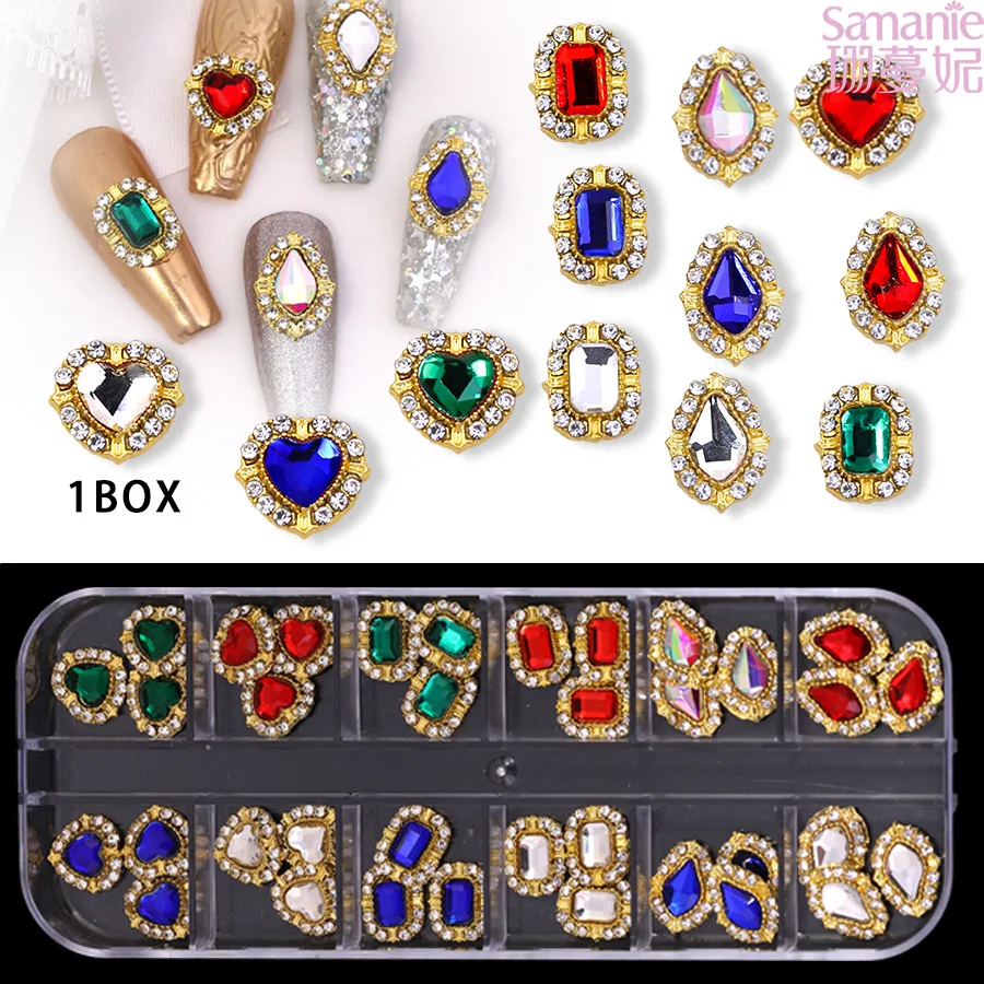 12 Grids 3D Vintage Palace Nail Gem Kit, Gold Frame Heart Teardrop Square Rhinestone Charms for Nail Art & DIY Craft