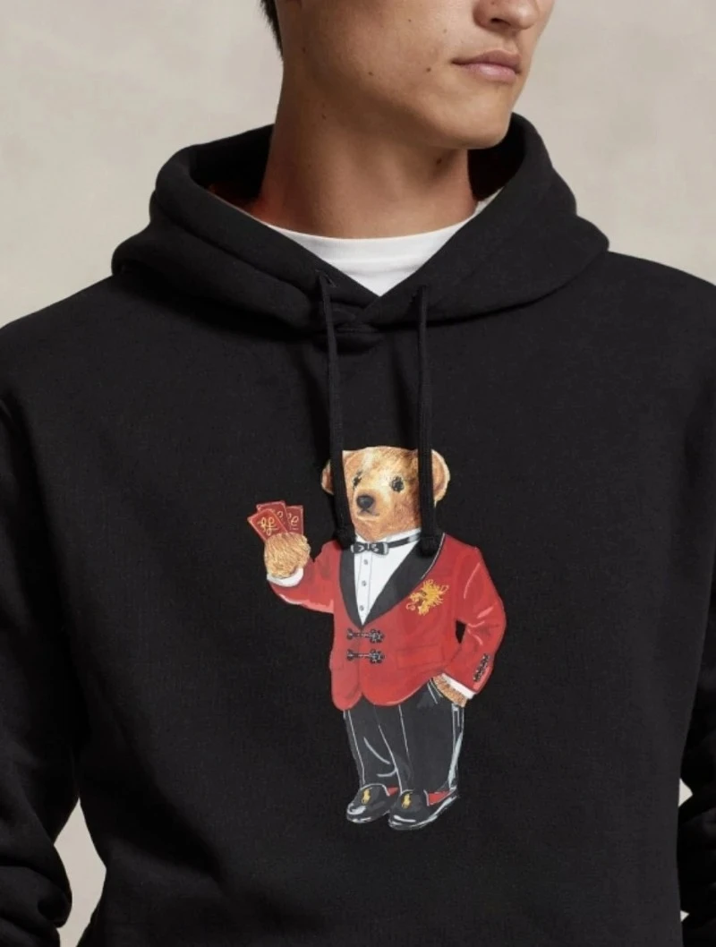 

Letter Printed Long Sleeve Hoodie Spring Fall Casual Drawstring Sleeve Hooded Regular Fit Drop Shoulder Black Bear Sweatshirt