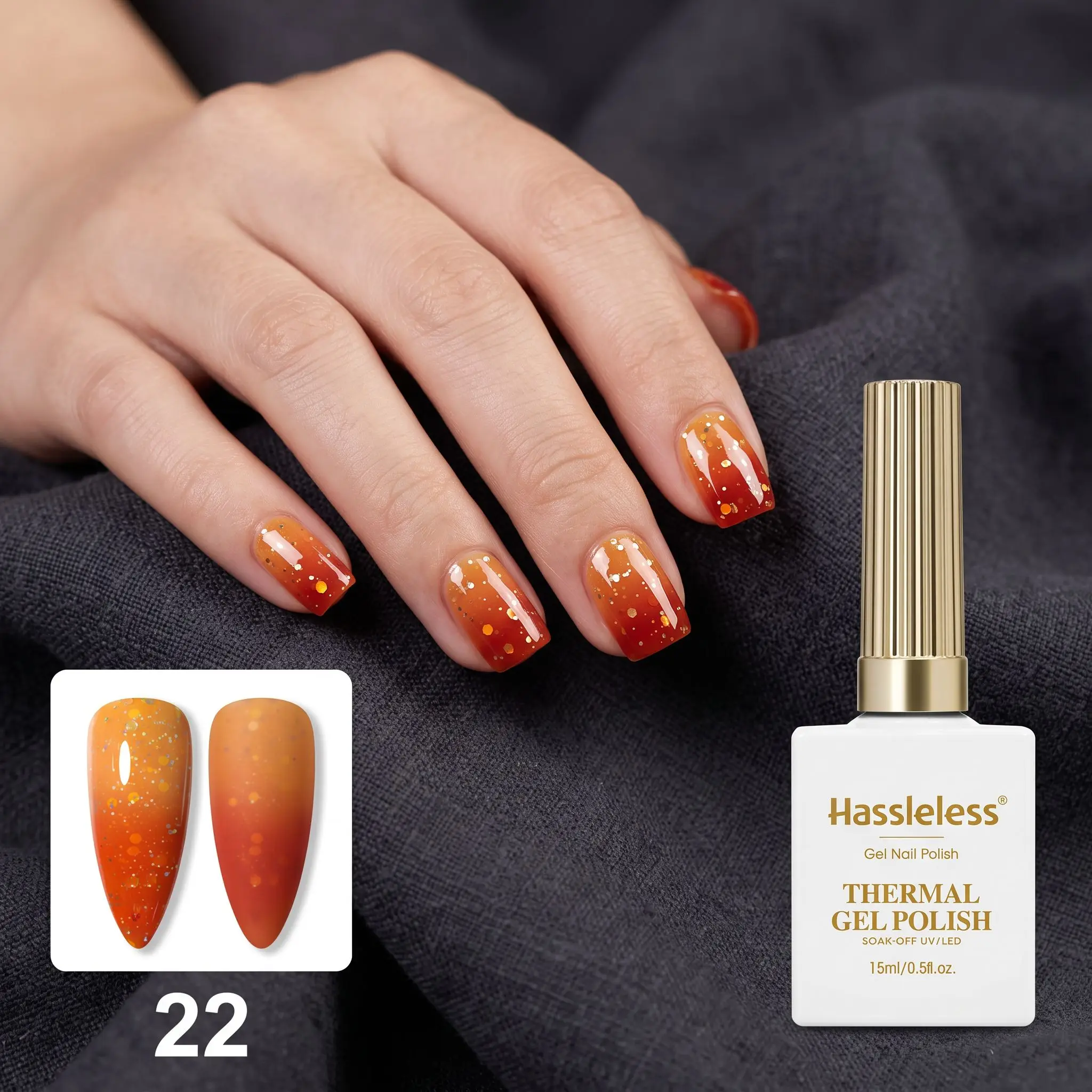 Hassleless Autumn Orange Gold Temperature Changing Nail Polish Gel, Single Tube, Moderate Gel Consistency, Smooth Application