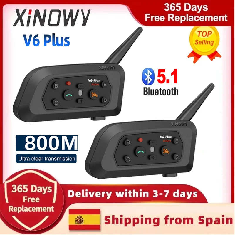 Casque de moto XiNOWy V6 Plus avec interphone Bluetooth, communication 800M, étanche, intercom pour 2 motards, lecteur de musique