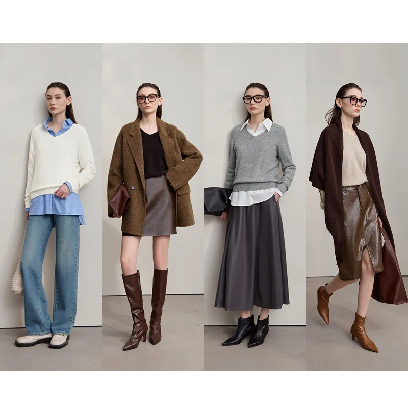 AMII Eleganckie Swetry Damskie 2025 Zima Nowy Dekolt V Uniwersalna Odzież Damska Jednolite Dzianiny Wełniane Długi Rękaw Bluzki Damskie 12523165