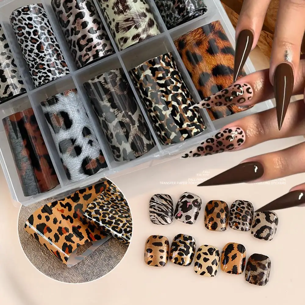 10 ロール/ボックスブラウンシリーズヒョウ柄ネイルホイルタートルアンバー野生動物の皮パターンネイル転写デカール DIY マニキュアラップ