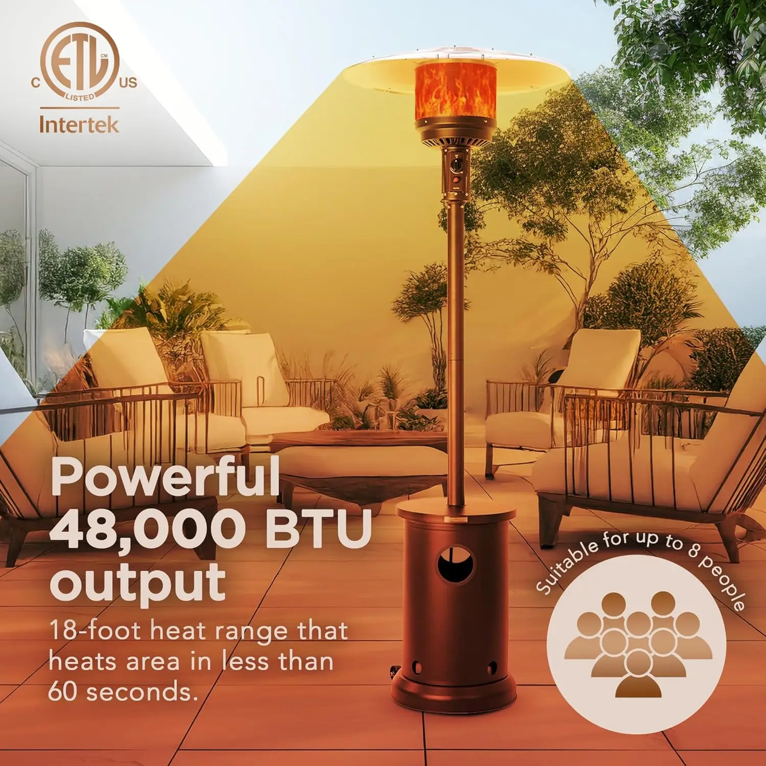 48,000 BTU Output Electronic Ignition System, With Wheels, Portable Outdoor Propane Patio Heater - Mocha Finish