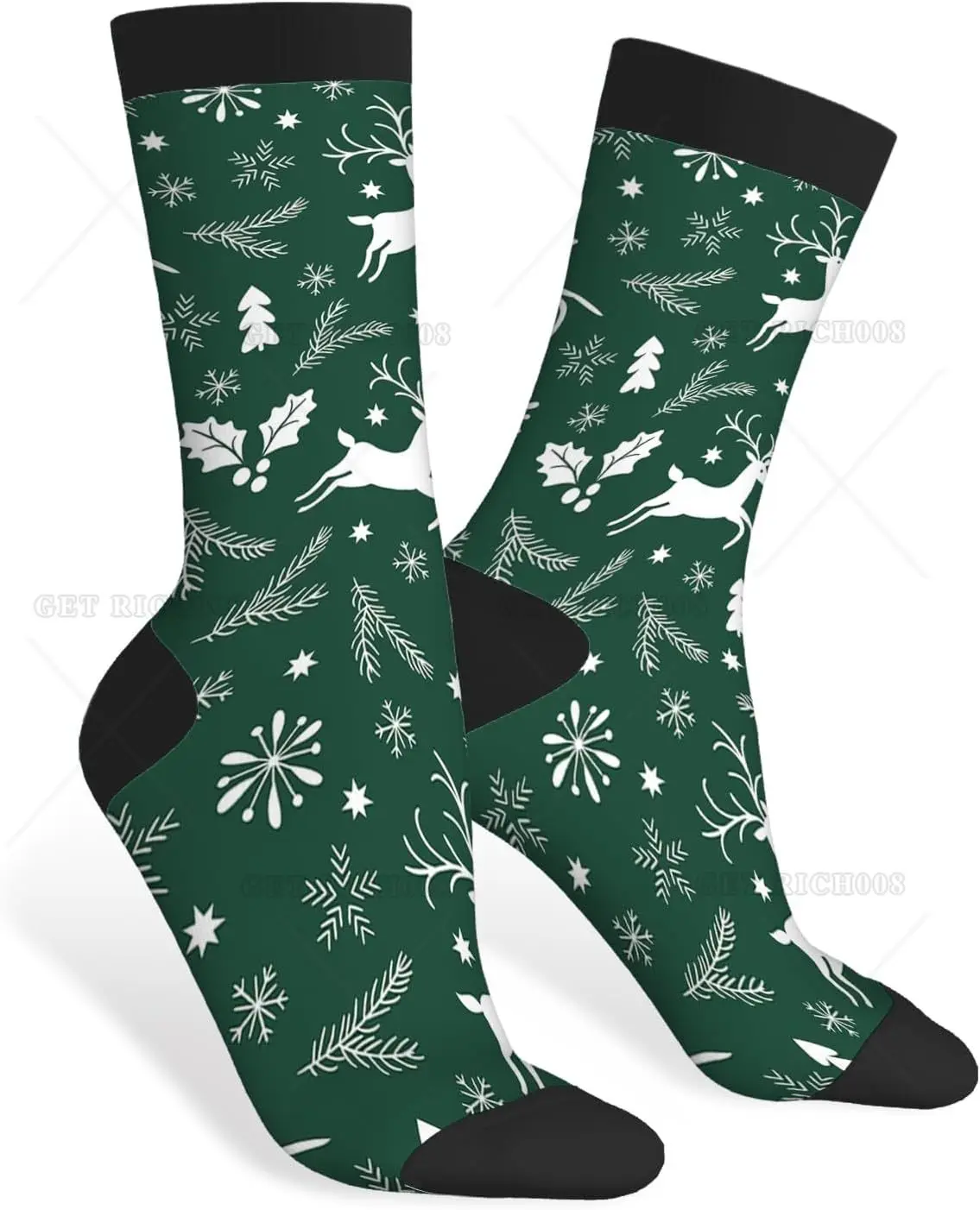 Cute Deer Green Funny Socks Cartoon Christmas Snowflakes Novelty Casual Crew Socks Contrast Color Design for Women Men Gift