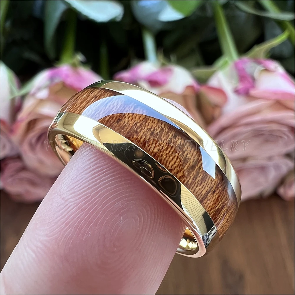 Ringe für Damen und Herren, Wolframkarbid, Ehering, Verlobung, Modeschmuck, Holzeinlage, gewölbt, poliert, glänzend, bequeme Passform – Detail 4