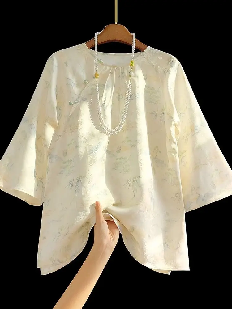

Женская жаккардовая блузка с короткими рукавами и цветочным принтом, винтажный свободный топ в китайском стиле, большие размеры, весна-осень, новая модная одежда