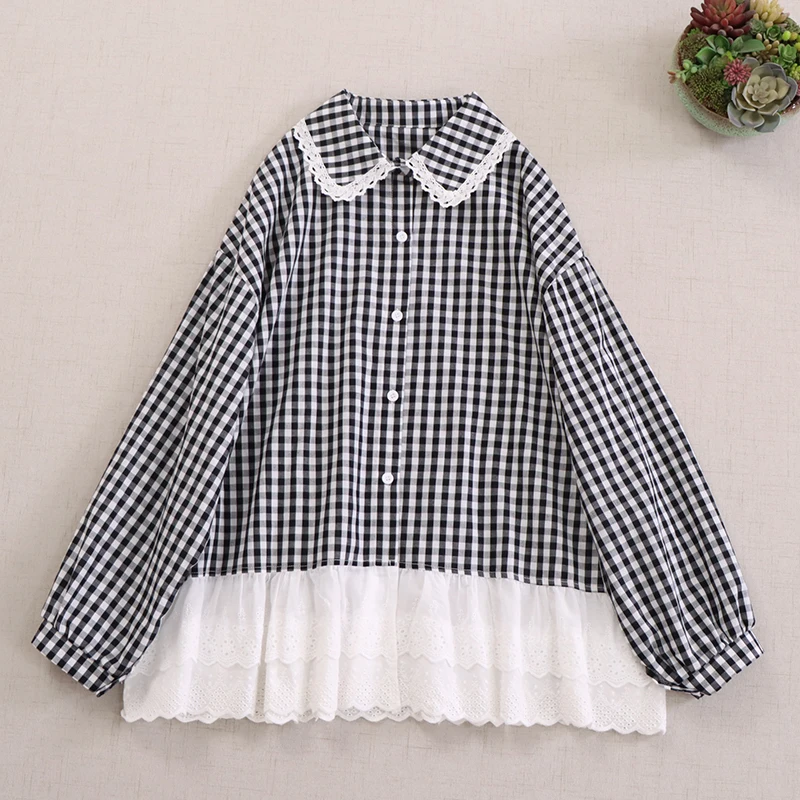 Spring New Japanese Sweet Mori Girl Plaid Lace Embroidery Patchwork Cotton Shirts Women Cute Peter Pan Collar Long Sleeve Blouse