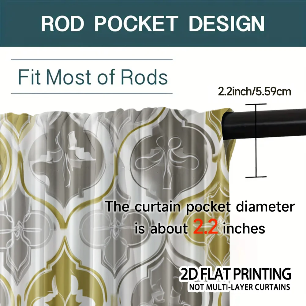 Golden Gray Quatrefoil Curtains 2 Panels, Luxury Retro Lattice Floral Outline Bright White Background for Noble Bedroom Curtain