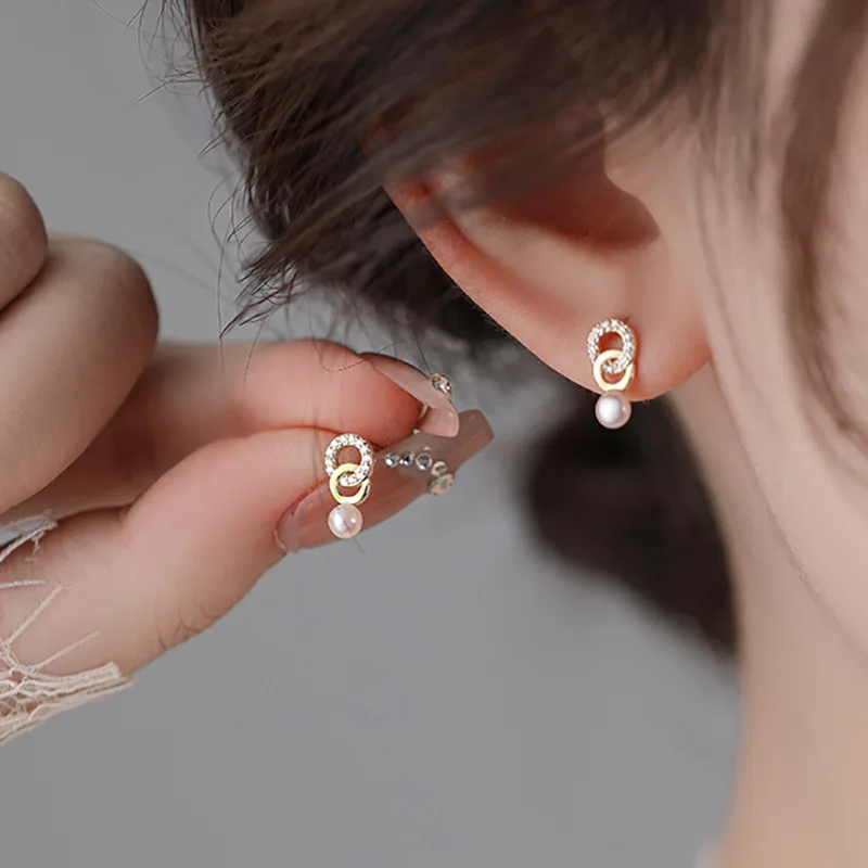 Korean Fashion Grace Atmospheric Pearl Earring for Women Gold Color Delicate Double Ring Design Elegant Daily Wear Jewelry