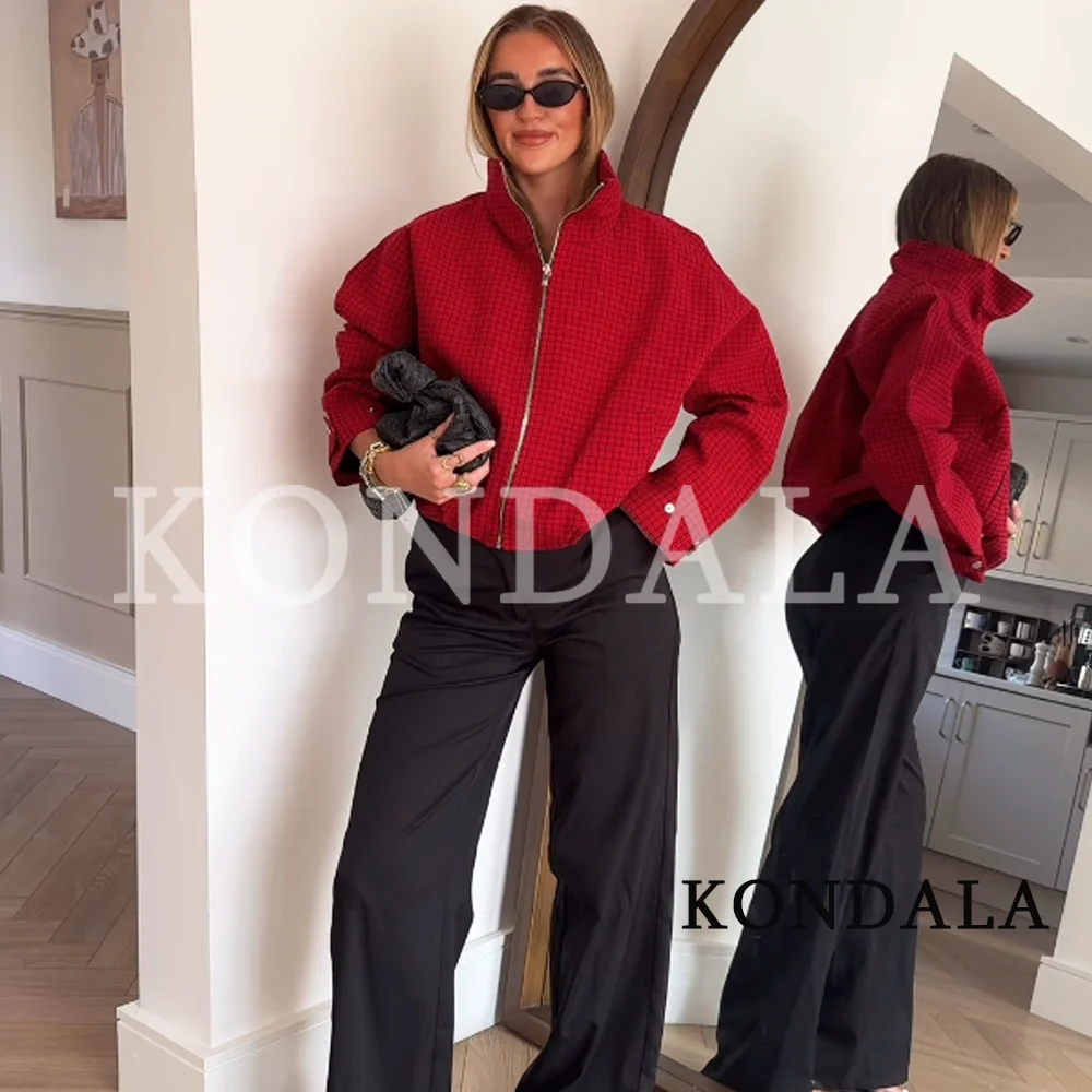 KONDALA Women Elegant Red Checked Jacket Chic Stand-Collar Zip-up Jacket 2026 Early Autumn/Fall Trendy High Street Vintage Coat