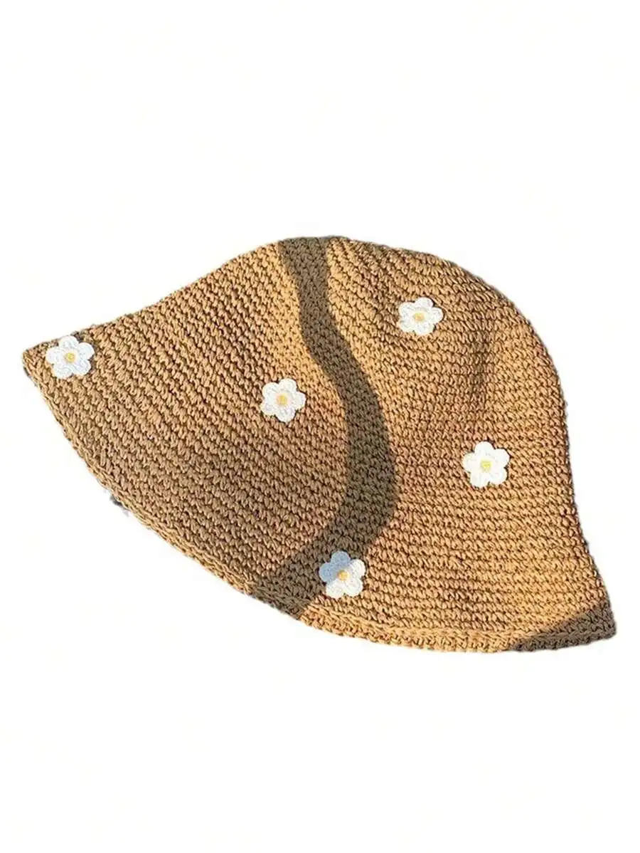 

Womens Straw Bucket Hat With Floral Embellishments For Summer Beach Sun Protection