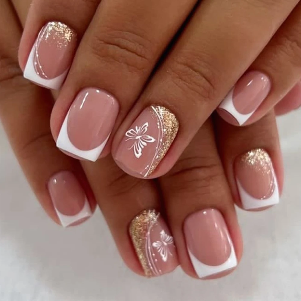 

White French Butterfly Wearable Nail Art Gold Glitter Powder Fashion Fake Nails Detachable Finished False Nails Press on Nails